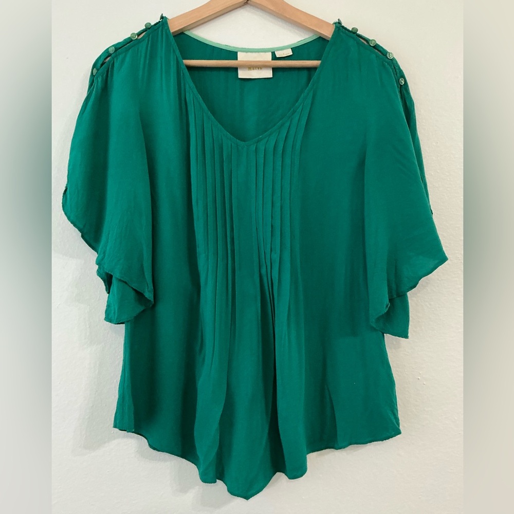 Maeve Emerald Green Pleated Flutter Sleeve Blouse - Size4 - Picture 2 of 12